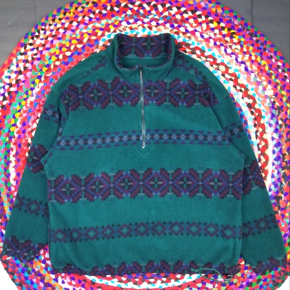 VTG 90's 00's Eddie Bauer Aztec Native Design Half Zip Green Fleece Sweater